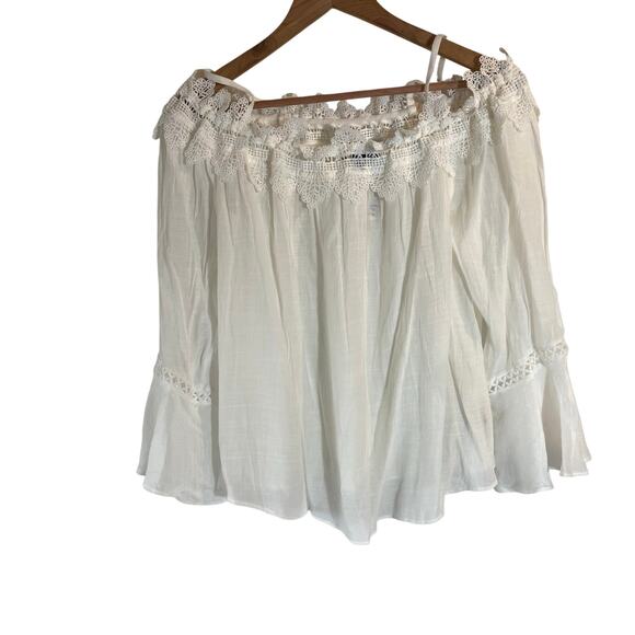White Semi-Sheer Crochet Trim Blouse XL Bell Sleeve Fairycore Boho Western - Picture 2 of 8